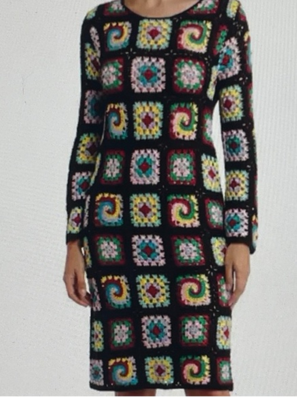 Cotton Emporium Boho Hippie Granny Square Patch Crochet Colorful Midi Dress XS